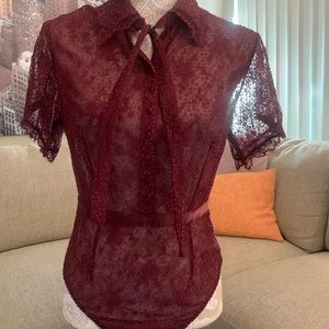 Victoria Secret Sexy Burgundy Blouse- polkadot, sheer back, Body suit. Size L